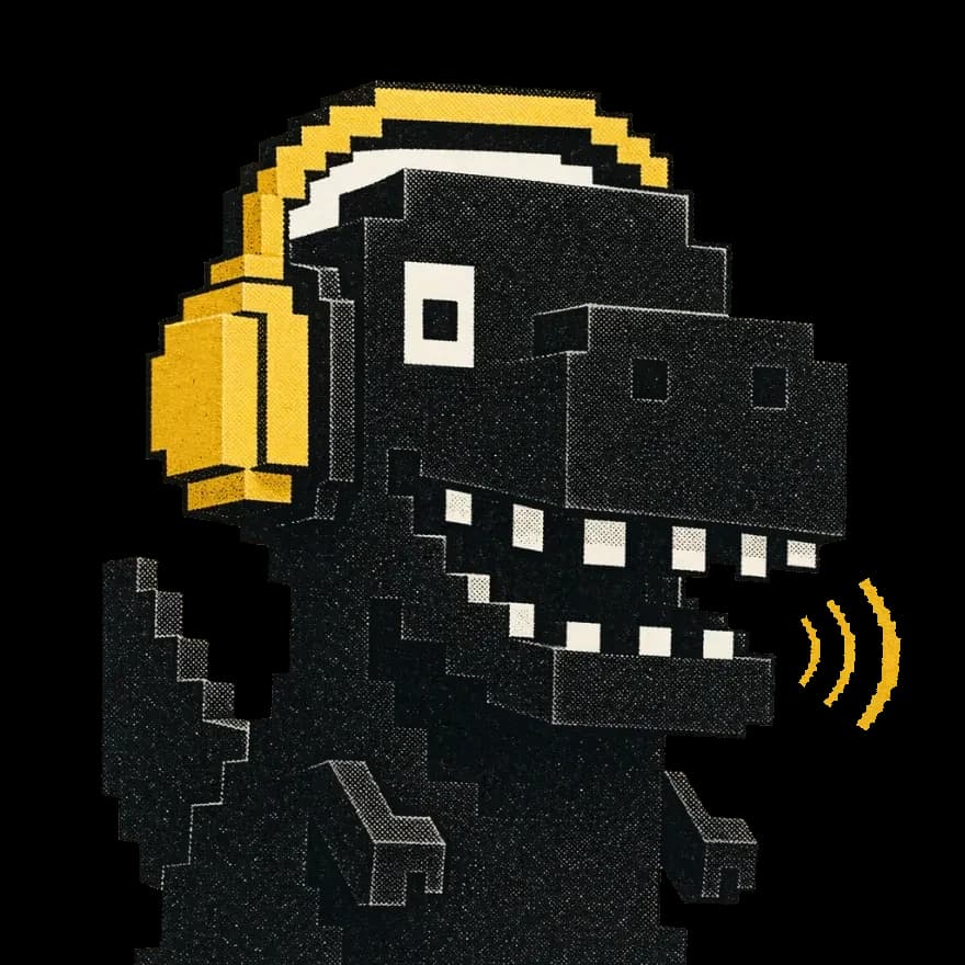Kuro the Rex — the KuroLabs mascot, a black voxel T-rex in yellow headphones